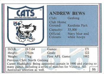 1992 AFL Regina #86 Andrew Bews Back
